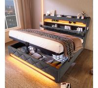 REXO Letto matrimoniale imbottito 140 x 190 cm, capienza testiera con porta USB e tipo C, funzione LED 360 surround intorno alla testa e ai piedi, letti con spazio idraulico, grigio, lino (senza