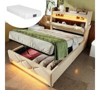 REXO Letto singolo 90 x 200 cm con vano portaoggetti, porta USB e tipo C nella testiera, LED surround a 360° sull'estremità della testa e del piede, spazio di archiviazione idraulico, in lino beige