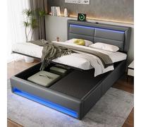 REXO Lit rembourré, 140 x 190 cm, idraulico, Avec Port USB (supporte le chargement sans fil et filaire), Avec éclairage LED et 3 tiroirs de Rangement, sans matelas, PU Design Litchi, grigio