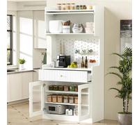 REXO Mobile alto con ripiani regolabili e cassetti, armadio da cucina con illuminazione a LED e vetro scanalato, ideale per sala da pranzo, soggiorno e cucina (bianco).