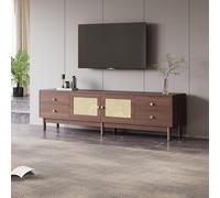 REXO Mobile TV lungo 180 cm, effetto legno scuro con due ante in rattan, quattro cassetti, gestione dei cavi e cerniere idrauliche, adatto per TV fino a 80 pollici (legno, 180 x 35 x 44 cm)