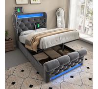 REXO Moderno letto imbottito singolo 90 x 200 cm, letto imbottito con luci a LED, testiera con porte USB e di tipo C, letto idraulico per riporre oggetti, grigio, velluto (con materasso)