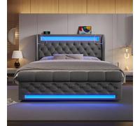 REXO Moderno letto matrimoniale imbottito, 140 x 200 cm, letto imbottito con luci a LED, testiera con porte USB e di tipo C, letto idraulico, grigio, velluto (senza materasso)