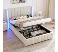 REXO Moderno telaio del letto, 140 x 200 cm, tessuto di velluto, porte USB sui lati, design delle strisce luminose in silicone, unità idraulica, spazio extra grande nella base, beige