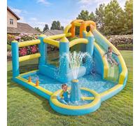 REXO Parco acquatico per bambini, gonfiabile, 430 x 390 x 210 cm, castello acquatico per bambini, per esterni, giardino, parco giochi d'acqua, con ventilatore, gonfiabile.
