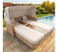 REXO Poltrona relax con tenda integrata, beige/grigio, in rattan resistente alle intemperie, isola, per balcone e giardino