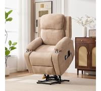 REXO Poltrona relax multifunzione con ausilio per alzarsi, funzione massaggio e calore, schienale e poggiapiedi regolabili, tasche laterali e portabicchieri, tortora