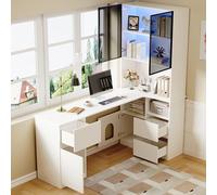 REXO Scrivania angolare pieghevole destra, 2 in 1, con libreria e ripiani, altezza regolabile, protezione antiribaltamento, bianco, rovere bianco (bianco 3)
