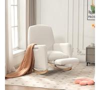 REXO Sedia a dondolo con sgabello, poltrona relax con pouf, sedia a dondolo per interni con schienale alto per il soggiorno, tessuto bianco Teddy