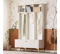 REXO Set appendiabiti con panchina, multifunzionale, portaoggetti aperto, 6 ganci e piedi dorati, adatto per corridoio, soggiorno, bianco, B120/D40/H191,5 cm