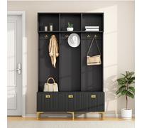 REXO Set appendiabiti con panchina, multifunzionale, portaoggetti aperto, 6 ganci e piedi dorati, adatto per corridoio, soggiorno, nero, B120/D40/H191,5 cm