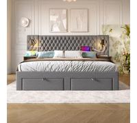 REXO Set completo per camera da letto, letto matrimoniale, 180 x 200 cm, con 2 comodini e 4 cassetti, testiera con funzione di ricarica USB, 243 x 211 x 106 cm, grigio, velluto (senza materasso)