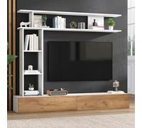 REXO Set da parete da 3 pezzi con vetrine, 180 x 35 x 22,5 cm, mensola e mensola da parete (verticale + sospesa), per TV fino a 80", bianco + effetto rovere