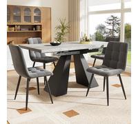 REXO Set da pranzo allungabile per 4 persone, 160 x 80 x 75 cm, grigio con piedini a colonna e sedie in velluto grigio