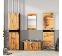 REXO Set di 4 pezzi con specchio e panchina, guardaroba, stile compatto, con 4 ganci, aste e ripiano (legno, 37 x 50 x 190 cm)