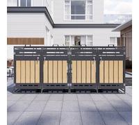 REXO Set di 4 scatole per bidoni della spazzatura con coperchio idraulico, rivestimento verticale effetto legno, ventilazione a fori lunghi, armadietto da giardino in ferro con serratura