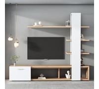 REXO Set di illuminazione a LED per TV e soggiorno, bianco lucido, set di mobili da soggiorno, parete frontale, bianco, per TV, soggiorno, vetrina, mensola sospesa (180 x 33,5 x 151,5 cm)
