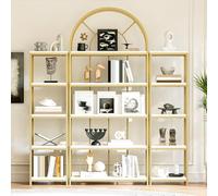 REXO Set di scaffali da 163 x 30 x 184 cm, 3 scaffali modulari con telaio in metallo dorato, pavimenti in MDF bianco e design ad arco. Come scaffale per display e vetrina per soggiorno, cucina e