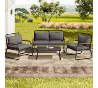 REXO Set salotto da giardino per 4 persone, con struttura in ferro zincato, piano in vetro temperato, gambe regolabili, incluso tutto il cuscino per seduta e schienale, colore: nero
