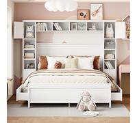 REXO Struttura letto 140 x 200 cm con vano portaoggetti, con 4 cassetti e grande armadietto, letto matrimoniale in legno massello con rete a doghe (bianco)