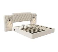 REXO Struttura letto con testiera lunga, in velluto alla moda, sistema idraulico, molto capiente nella parte inferiore, 160 x 200 cm, beige