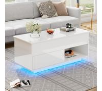 REXO Tavolino alto lucido con illuminazione a LED, un cassetto e una portata di 50 kg (bianco, 100 x 50 x 55 cm)