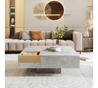 REXO Tavolino da salotto con contenitore estraibile, grigio cemento e legno, 72 x 72 x 30 cm (colore legno)