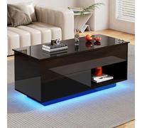 REXO Tavolino da tè a LED, lucido, con illuminazione a LED, ascensore idraulico e spazio su più livelli (nero, 100 x 50 x 55 cm)