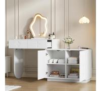 REXO Tavolo da toeletta 160 x 40 x 132 cm con specchio a LED, temperatura della luce regolabile in 3 posizioni, tavolo da toeletta con specchio, 2 cassetti e un armadio con 4 scomparti, per camera da