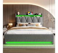 REXO Telaio letto imbottito 140 x 200 cm con illuminazione a LED, funzione di ricarica USB Type-C e vano sotto il letto, testiera di stoccaggio, telaio idraulico, grigio, senza materasso