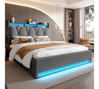 REXO Telaio letto imbottito 160 x 200 cm con illuminazione a LED, funzione di ricarica USB Type-C e vano sotto il letto, testiera di stoccaggio, telaio idraulico, grigio, senza materasso
