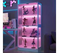 REXO Vetrina LED trasparente in vetro, luce LED controllata tramite app, 4 livelli, porte push-to-open per figure e modelli, bianco minimalista, 80 x 35 x 170 cm