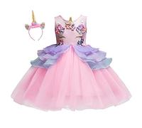 REXREII Ragazze Unicorno Principessa Vestito Carnevale Costumi per Bambine Compleanno Natale Halloween Cosplay Cerimonia Festa Tulle Abiti Corto con Cerchietto Rosa 9-10 anni