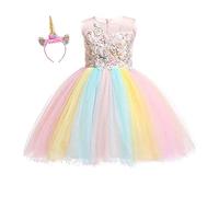 REXREII Ragazze Unicorno Principessa Vestito Carnevale Costumi per Bambine Compleanno Natale Halloween Cosplay Cerimonia Festa Tulle Abiti Corto con Cerchietto Arcobaleno 2-3 anni