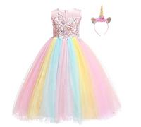 REXREII Unicorno Arcobaleno Principessa Vestito Carnevale Costumi per Ragazze Compleanno Natale Halloween Cosplay Cerimonia Festa Tulle Abito Lungo con Cerchietto 12-13