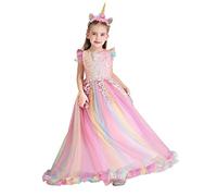 REXREII Unicorno Arcobaleno Principessa Vestito Carnevale Costumi per Ragazze Compleanno Natale Halloween Cosplay Cerimonia Festa Tulle Abito Lungo con Cerchietto 3-4