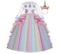REXREII Unicorno Principessa Vestito Carnevale Costumi per Ragazze Compleanno Natale Halloween Cosplay Cerimonia Festa Tulle Abito Maniche Lunghe con Cerchietto Multicolore 12-13
