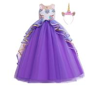 REXREII Unicorno Principessa Vestito Carnevale Costumi per Ragazze Compleanno Natale Halloween Cosplay Cerimonia Festa Tulle Abito Lungo Senza Maniche con Cerchietto Viola 4-5