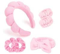 REYIN-CHHN Set di 6 fasce per capelli e braccialetti rosa per spa, per il lavaggio del viso, per la cura della pelle con bolle, spugna per il lavaggio del viso, fasce per capelli gonfie, accessori per
