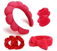 REYIN-CHHN Set di 6 fasce rosse per spa e polsino, per il trucco, per il lavaggio del viso, con bolle, per la cura della pelle, con spugna, accessori per capelli per donne e ragazze