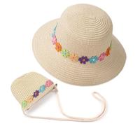 REYOK Cappello da Sole per Ragazze Cappello di Paglia Cappello da Spiaggia Estivo e Mini Set di Borse, Bambino Ragazze da Spiaggia Estivi Fiori Berretto per attività All'aperto(Pink)