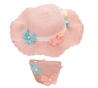 REYOK Cappello da Spiaggia Estivo e Mini di Borse Set,Cappello da Sole per Bambina,Cappello di Paglia con Decorazione a Fiocco per I Bambini Turismo Vacanze Spiaggia (Tessuto di Paglia, P1)