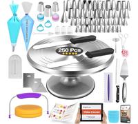 RFAQK Kit di 250 strumenti per decorare torte in alluminio con piatto girevole in metallo da 30,5 cm e set di coltelli, 48 punte numerate per glassa, 3 ugelli per tubazioni russi, spatola dritta e