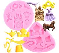 RFGHAC Aladdin Myth - Set di 2 stampi in silicone a forma di coltello, teiera, casa di Cenerentola, fondente, castello, zucca, carrozza, vestito da principessa, scarpe di cristallo, stampo per