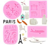 RFGHAC I Love Paris - Set di 4 stampi in silicone a forma di aeromobile, torre Eiffel, barboncini, caramelle, caramelle, decorazioni per torte di zucchero, cupcake, pasta di gomma al cioccolato,