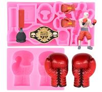 RFGHAC Set di 2 stampi in silicone per boxe, guantoni da boxe, casco, cintura, fondente al cioccolato, per decorare torte, cupcake, caramelle, argilla polimerica, pasta di fiori, set da boxe