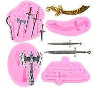 RFGHAC Set di 4 stampi in silicone a forma di arma spada, ascia e coltello, per decorazioni di torte, cupcake, caramelle, argilla polimerica, cioccolato, pasta di gomma