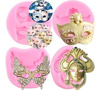 RFGHAC Set di 4 stampi in silicone a forma di maschera, per decorare torte, cupcake, caramelle, argilla, cioccolato, pasta di gomma