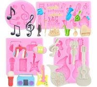 RFGHAC Set di 4 stampi in silicone a forma di note musicali, per pasta di zucchero a forma di chitarra e cioccolato, per decorare torte, cupcake, pasta di gomma polimerica