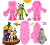 RFGHAC Set di 4 stampi in silicone a forma di pianeti, astronauta, razzo, fondente, terra, Venere, Saturno, Marte, Giove, spazio, alieno, cioccolato, decorazione di torte, cupcake, pasta di gomma,